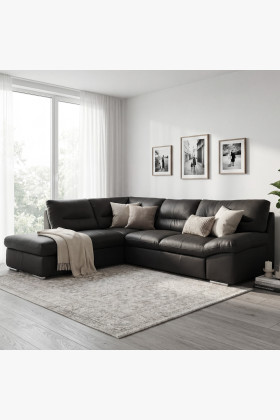 Ecksofa aus echtem schwarzem Leder, 3-Sitzer, William